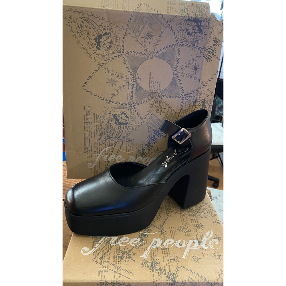 Free People Black Leather Platform Mary Jane Heels Square Toe Block Heel Size 40 - Picture 2 of 3
